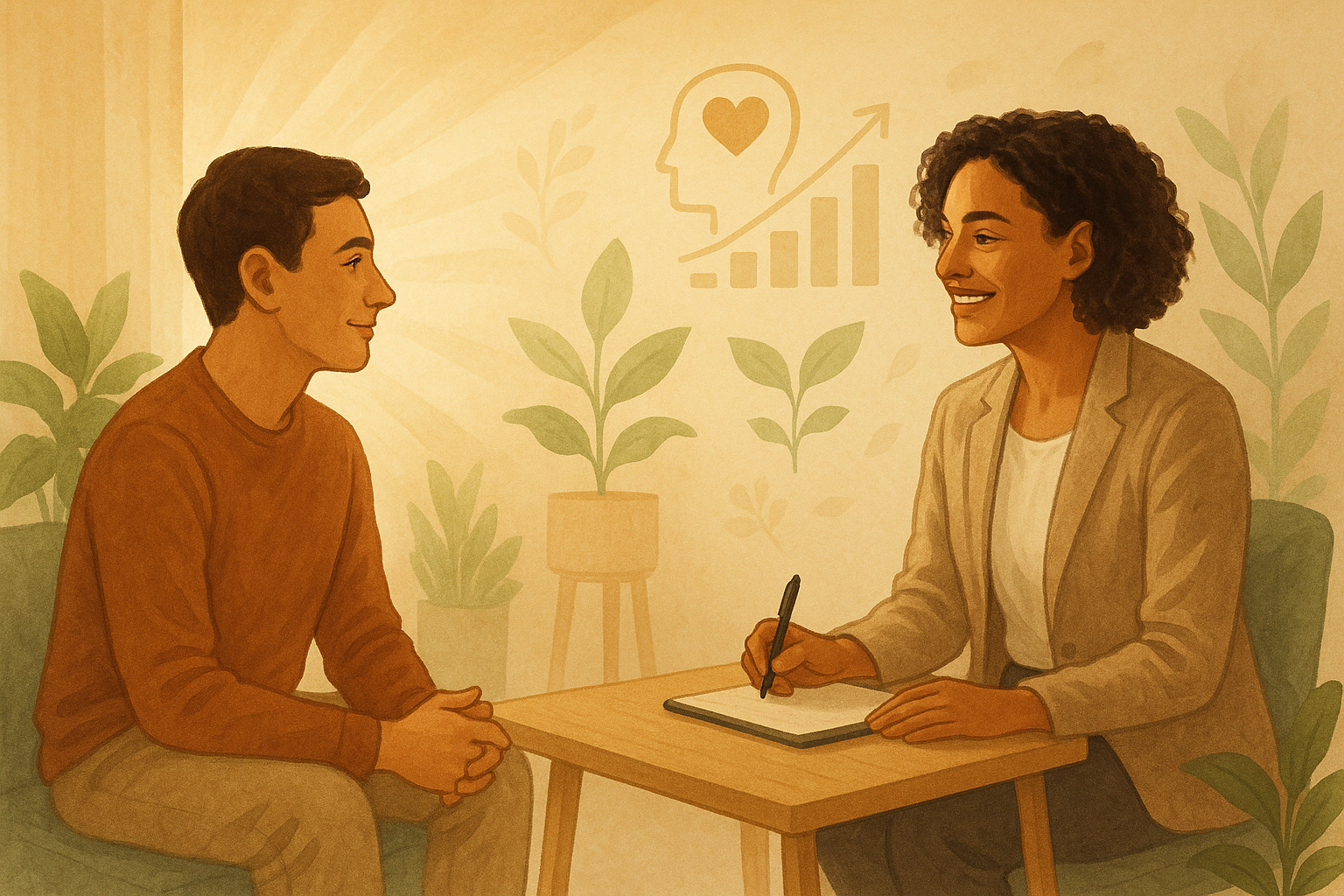 Eine ruhige, positive Szene: Eine Person sitzt entspannt einem Coach gegenüber, in einem hellen Raum mit warmem Licht und Pflanzen. Zwischen beiden herrscht Vertrauen und Fokus, vielleicht ein Notizbuch oder Tablet auf dem Tisch. Im Hintergrund weiche Farben und sanfte Symbole für Wachstum, Selbstreflexion oder Klarheit (z. B. Lichtstrahlen, aufsteigende Linien, Blätter). Stil: realistisch oder leicht illustrativ, freundlich und beruhigend. Stimmung: empathisch, unterstützend, inspirierend.